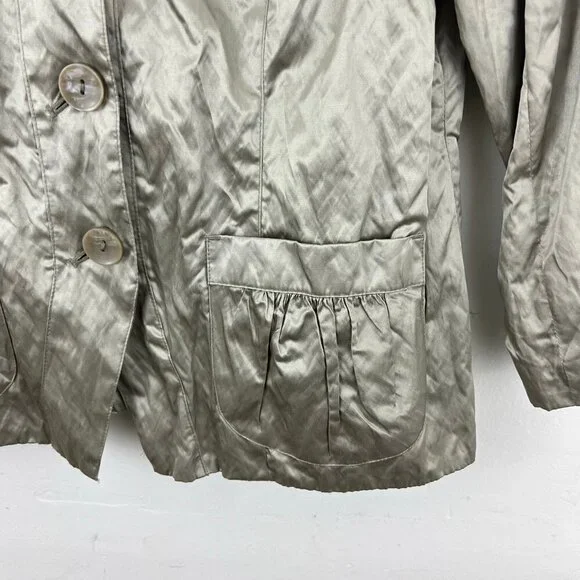 Chicos Size 1 M Metallic Crinkle Jacket Silver - Drawstring Collar Pockets - Picture 6 of 8